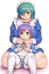Rule 34 | 2girls, aqua hair, blush, bow, bowtie, breasts, brooch, closed mouth, commentary request, facing viewer, feet out of frame, green eyes, hair between eyes, handheld game console, highres, holding, jewelry, kneeling, large breasts, lips, long sleeves, maid headdress, multiple girls, my maid (orizen), open mouth, original, orizen, purple hair, red bow, red bowtie, shadow, short hair, sitting, tareme, thick thighs, thighhighs, thighs, white legwear