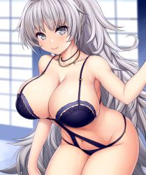 Rule 34 | 1girl, asamura hiori, azur lane, bare arms, bare shoulders, black one-piece swimsuit, blush, breasts, casual one-piece swimsuit, cleavage, closed mouth, collarbone, grey eyes, hand up, highres, jewelry, large breasts, leaning forward, long hair, looking at viewer, navel, necklace, official alternate costume, one-piece swimsuit, ponytail, silver hair, smile, solo, swimsuit, thighs, very long hair, vittorio veneto (azur lane), vittorio veneto (the flower of la spezia) (azur lane)