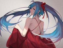 Rule 34 | 1girl, backless dress, backless outfit, blue eyes, blue hair, chinese commentary, dress, floating hair, halterneck, hatsune miku, holding, holding clothes, holding dress, jijing zishui, long hair, looking back, red dress, solo, twintails, vocaloid