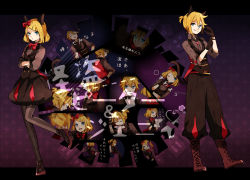 Rule 34 | 1boy, 1girl, :q, boots, bow, brother and sister, gloves, hair bow, hair ornament, hairclip, kagamine len, kagamine rin, kemonomimi mode, letterboxed, looking at viewer, pantyhose, short hair, siblings, striped clothes, striped legwear, striped pantyhose, tail, tama (songe), tongue, tongue out, twins, vertical-striped clothes, vertical-striped pantyhose, vocaloid
