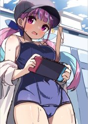 Rule 34 | 1girl, baseball cap, blue hair, blue ribbon, blue one-piece swimsuit, braid, breasts, cameltoe, colored inner hair, competition school swimsuit, covered navel, drill hair, game console, hair ribbon, handheld game console, hat, holding, holding handheld game console, hololive, joy-con, large breasts, long hair, minato aqua, muku (muku-coffee), multicolored hair, new school swimsuit, nintendo switch, one-piece swimsuit, playing games, purple eyes, purple hair, ribbon, school swimsuit, swimsuit, twin braids, twin drills, twintails, two-tone hair, unfinished, virtual youtuber