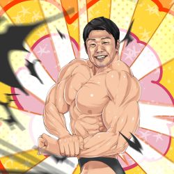 Rule 34 | 1boy, abs, bara, black eyes, black hair, black male underwear, commentary request, cowboy shot, exploding clothes, facial hair, flexing, grin, halftone, highres, hololive, looking at viewer, male focus, male underwear, manly, motion blur, muscular, nipples, nostrils, open mouth, oshiruko (oshiruco 212048), pectorals, real life, side chest pose, smile, solo, star (symbol), topless male, underwear, underwear only, yagoo
