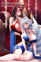 Rule 34 | 2girls, akagi (azur lane), akagi (ruby-laced beauty) (azur lane), alcohol, animal ear fluff, animal ears, anniversary, azur lane, bare shoulders, black gloves, blue dress, blue eyes, blue gemstone, breasts, brown hair, brown tail, champagne, champagne flute, cleavage, cocktail dress, cup, dress, drinking glass, english text, evening gown, feather boa, feet out of frame, fingerless gloves, fox ears, fox girl, fox tail, gem, gloves, halter dress, halterneck, highres, huge breasts, kaga (azur lane), kaga (exalted white wings) (azur lane), kangaruu (momotk1109), kitsune, kyuubi, large tail, long hair, looking at viewer, multiple girls, multiple tails, o-ring dress, official alternate costume, red dress, red eyes, short hair, sleeveless, tail, very long hair, white hair, white tail