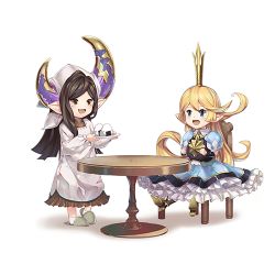 Rule 34 | 2girls, :d, ankle socks, apron, armored boots, arulumaya, asymmetrical horns, bad id, bad pixiv id, black hair, blonde hair, blue dress, blue eyes, blush, boots, brown eyes, chair, charlotta (granblue fantasy), commentary request, crown, dress, food, granblue fantasy, grey footwear, harvin, head scarf, holding, holding plate, horns, kappougi, long hair, lowres, mini crown, multiple girls, o (rakkasei), on chair, onigiri, open mouth, parted bangs, plate, pointy ears, puffy short sleeves, puffy sleeves, shadow, shoe soles, short sleeves, sitting, slippers, smile, socks, table, very long hair, white apron, white background, white legwear