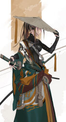 Rule 34 | 1girl, adjusting clothes, adjusting headwear, black bodysuit, black gloves, bodysuit, breasts, brown hair, commentary, cowboy shot, earpiece, gloves, green kimono, hat, holding, holding sword, holding weapon, igawa hikaru, japanese clothes, katana, kimono, large breasts, long hair, multiple swords, open clothes, original, partially fingerless gloves, ponytail, rice hat, sheath, sheathed, solo, standing, sword, weapon, white background, wide sleeves, yellow eyes