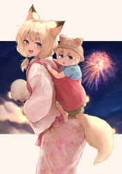 Rule 34 | :d, :o, aerial fireworks, animal ear fluff, animal ears, animal hat, batta (kanzume quality), blonde hair, blue eyes, blue shirt, blurry, blurry background, brown headwear, commentary request, depth of field, fireworks, floral print, fox ears, fox girl, fox tail, from side, hair between eyes, hair over shoulder, hat, jacket, long hair, looking at viewer, looking to the side, low twintails, night, night sky, open mouth, original, pink skirt, print skirt, sharp teeth, shirt, short sleeves, skirt, sky, smile, tail, teeth, twintails, white jacket