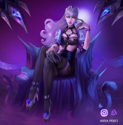 Rule 34 | 1girl, absurdres, annapaulaperci, artstation logo, artstation username, asymmetrical bangs, between breasts, black choker, black skirt, black thighhighs, blue eyeshadow, bracelet, breasts, chair, choker, claw (weapon), claw mark, cropped jacket, crossed legs, crystal, dark background, demon, demon horns, drop earrings, earrings, evelynn (league of legends), eyeshadow, finger to cheek, full body, grin, hand on own leg, high heels, highres, horns, ice cream cone, instagram logo, instagram username, jacket, jewelry, k/da all out evelynn, lashers, league of legends, looking at viewer, makeup, medium breasts, o-ring, on chair, open clothes, open jacket, parted lips, purple background, purple jacket, purple lips, revealing clothes, skirt, smile, snake, solo, strap between breasts, the baddest evelynn, thighhighs, weapon, white hair, yellow eyes