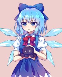 Rule 34 | 1girl, :&lt;, blue bow, blue dress, blue eyes, blue hair, bow, cirno, closed mouth, collared shirt, commentary, dress, hair bow, highres, holding, ice, ice wings, kaoling, long dress, neck ribbon, pinafore dress, puffy short sleeves, puffy sleeves, red neckwear, ribbon, shirt, short hair, short sleeves, simple background, sleeveless dress, squid, stuffed animal, stuffed toy, symbol-only commentary, touhou, v-shaped eyebrows, white shirt, wings