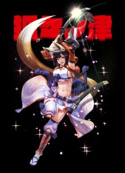 Rule 34 | 1girl, absurdres, animal ears, armor, black background, blue eyes, bracer, breasts, brown hair, detached pants, floating hair, fox ears, fox tail, glint, greaves, highres, holding, holding sword, holding weapon, japanese armor, kagiyama (clave), katana, large breasts, long hair, navel, open mouth, original, pelvic curtain, ponytail, sandals, scabbard, sheath, solo, sparkle, standing, standing on one leg, sword, tabi, tail, two-handed, weapon, white legwear