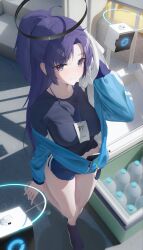Rule 34 | 1girl, absurdres, blue archive, blue jacket, blush, breasts, closed mouth, dingding (chongsangjun), drone, from above, halo, highres, id card, jacket, lanyard, long hair, long sleeves, looking at viewer, mechanical halo, medium breasts, official alternate costume, ponytail, purple eyes, purple hair, solo, thighs, track jacket, yuuka (blue archive), yuuka (track) (blue archive)