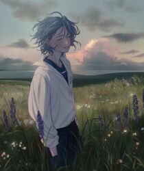 Rule 34 | 1boy, absurdres, black sash, blue hair, blue pants, blue shirt, blue sky, buttons, closed eyes, cloud, coke 6, cowboy shot, day, field, floating hair, from side, gradient sky, grass, hands in pockets, highres, horizon, jacket, landscape, mahoutsukai no yakusoku, male focus, nero turner, outdoors, pants, sash, scenery, shirt, short hair, sky, smile, solo, standing, white jacket, wind