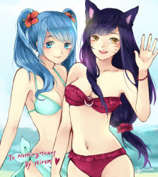 Rule 34 | 2girls, ahri (league of legends), alternate costume, animal ears, bandeau, bikini, blue eyes, blue hair, fox ears, frilled bikini, frills, highres, league of legends, light smile, long hair, looking at viewer, low ponytail, midriff, mirum, multiple girls, nail polish, sona (league of legends), swimsuit, twintails, yellow eyes