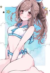 Rule 34 | 1girl, bare shoulders, barefoot, between legs, bikini, blue neckerchief, blush, bow, breasts, brown hair, closed mouth, groin, hair bow, hand between legs, highres, icca ma, idolmaster, idolmaster shiny colors, kneeling, long hair, looking at viewer, navel, neckerchief, pink eyes, ponytail, sailor collar, sailor swimsuit (idolmaster), small breasts, smile, solo, star (symbol), swimsuit, tsukioka kogane, white bikini