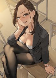 Rule 34 | 1girl, blush, breasts, brown eyes, brown hair, business suit, chair, cleavage, commentary, desk, earrings, formal, glasses, grey jacket, grey skirt, hand on own cheek, hand on own face, highres, jacket, jewelry, crossed legs, long hair, looking at viewer, medium breasts, miniskirt, open mouth, original, pantyhose, pencil skirt, school desk, semi-rimless eyewear, sitting, skirt, skirt suit, smile, solo, suit, teacher, thighband pantyhose, thighs, tight skirt, under-rim eyewear, watch, wristwatch, yomu (sgt epper)