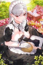 Rule 34 | 1boy, 1girl, apron, black dress, blonde hair, bow, breasts, cleavage, coffee pot, collar, commentary request, cup, doughnut, dress, earrings, finger to mouth, food, fork, frilled apron, frills, gloves, grass, highres, jewelry, kfr, kneeling, lap pillow, large breasts, leaf, long hair, looking at viewer, maid, maid apron, maid headdress, original, picnic, picnic basket, plate, puffy short sleeves, puffy sleeves, red eyes, salad, sandwich, shirt, short sleeves, shushing, silver hair, sleeping, sleeping on person, waist apron, white gloves
