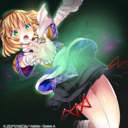 Rule 34 | album cover, angry, arm warmers, attack, black footwear, black skirt, blonde hair, brown shirt, check commentary, commentary, commentary request, cover, crystal, diamond print, dynamic pose, fog, green eyes, half updo, maki (seventh heaven maxion), mary janes, mizuhashi parsee, official art, open mouth, outstretched arms, outstretched hand, sash, scarf, shirt, shoes, short hair, short sleeves, skirt, socks, striped clothes, striped skirt, thighs, touhou, touhou cannonball, underground, vertical-striped clothes, vertical-striped skirt, white sash, white scarf