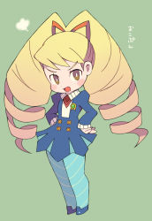 Rule 34 | 1girl, angry, badge, blonde hair, blue footwear, blue pantyhose, blush, brown eyes, buttons, capcom, chibi, drill hair, full body, green background, hair ornament, hair ribbon, hands on own hips, juliet sleeves, long hair, long sleeves, looking to the side, luna platz (mega man), mega man (series), mega man star force, miyata (lhr), open mouth, pantyhose, puffy sleeves, ribbon, simple background, solo, striped clothes, striped pantyhose, text focus, twintails