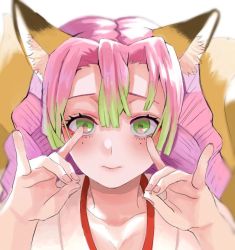 Rule 34 | 1girl, bad id, bad twitter id, blush, braid, breasts, cleavage, double fox shadow puppet, fox shadow puppet, gh 6564, gradient hair, green eyes, green hair, japanese clothes, kanroji mitsuri, kimetsu no yaiba, large breasts, long hair, long sleeves, looking at viewer, mole, mole under eye, multicolored hair, open clothes, pink hair, solo