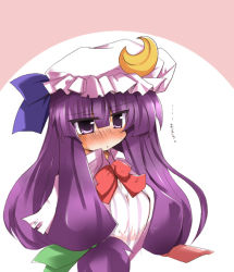 Rule 34 | 1girl, blunt bangs, blush, bow, bowtie, crescent, dress, female focus, frills, hat, jitome, long sleeves, mob cap, patchouli knowledge, purple eyes, purple hair, red bow, red bowtie, shirogane (platinum), simple background, solo, touhou, upper body, white background, white dress