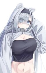 Rule 34 | 1girl, animal ears, arknights, aurora (arknights), bear ears, black hairband, blue eyes, breasts, cleavage, commentary request, dkzksp, grey hair, hair over one eye, hairband, highres, large breasts, long hair, long sleeves, looking at viewer, midriff, navel, shrug (clothing), simple background, solo, stomach, strapless, tube top, upper body, very long hair, white background