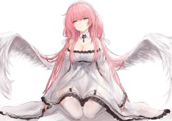 Rule 34 | 1girl, angel, angel wings, azur lane, bare shoulders, breasts, cleavage, detached collar, dress, feathered wings, frilled dress, frilled hairband, frills, hairband, large breasts, liaowen, long hair, perseus (azur lane), pink eyes, pink hair, simple background, solo, strapless, strapless dress, thighhighs, white background, white dress, white thighhighs, wing collar, wings