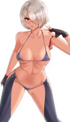 Rule 34 | 1girl, abs, absurdres, angel (kof), bikini, blue bikini, blue eyes, breasts, chaps, cleavage, clyde s, condom, cowboy shot, cum, cum in mouth, fingerless gloves, gloves, hair over one eye, highres, large breasts, leather, solo, sweat, swimsuit, the king of fighters, toned, white hair