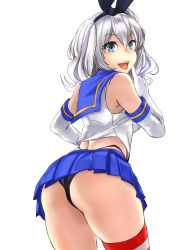 Rule 34 | 1girl, absurdres, ass, black panties, blue eyes, blue sailor collar, blue skirt, commentary request, cosplay, cowboy shot, crop top, elbow gloves, eureka (eureka-0075), from behind, gloves, highleg, highleg panties, highres, kantai collection, kashima (kancolle), lips, looking at viewer, microskirt, miniskirt, open mouth, panties, pleated skirt, sailor collar, shimakaze (kancolle), shimakaze (kancolle) (cosplay), sidelocks, signature, silver hair, simple background, skirt, smile, solo, striped clothes, striped thighhighs, teeth, thighhighs, twintails, underwear, upper teeth only, wavy hair, white background, white gloves