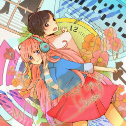 Rule 34 | 1boy, 1girl, akemilky, back-to-back, bad id, bad pixiv id, blue eyes, brown eyes, brown hair, cable, clock, couple, fish, flower, headphones, heart, heart beats (vocaloid), hetero, jacket, long hair, megurine luka, open mouth, pantyhose, pink hair, shirt, skirt, smile, striped clothes, striped shirt, very long hair, vocaloid, window, wire, yellow pantyhose