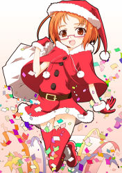 Rule 34 | 10s, 1girl, bag, belt, brown eyes, brown hair, christmas, confetti, glasses, gloves, hat, pink-framed eyewear, precure, red gloves, red thighhighs, santa costume, santa hat, shirabe ako, short hair, slowpit, smile, solo, suite precure, thighhighs, white background
