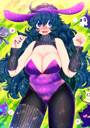 Rule 34 | 1girl, animal ears, bare shoulders, black hair, blue eyes, blush, breasts, cleavage, creatures (company), curvy, fake animal ears, game freak, hakkasame, hex maniac (pokemon), highres, large breasts, leotard, nintendo, npc trainer, open mouth, playboy bunny, plump, pokemon, pokemon xy, rabbit ears, smile, solo, thick thighs, thighs, wide hips