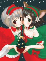 Rule 34 | 2girls, animal ears, bare shoulders, black hair, blue hair, bow, breast press, breasts, christmas, christmas tree, copyright request, detached collar, dog ears, dress, frills, goth fashion, green eyes, grey hair, hairband, inuburo, lolita hairband, multiple girls, red eyes, ribbon, short hair, small breasts, smile, snow, snowflakes, symmetrical docking