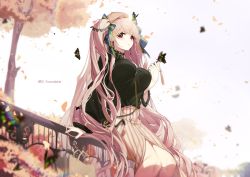 Rule 34 | absurdly long hair, absurdres, alternate costume, azur lane, bag, beret, between breasts, black shirt, blurry, breasts, bug, butterfly, chain, character name, depth of field, formidable (azur lane), hair ribbon, handbag, hat, highres, huge filesize, insect, large breasts, long hair, nail polish, railing, red eyes, ribbon, shirt, skirt, solo, tree, twintails, very long hair, white hair, wide sleeves, yamijam
