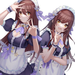 Rule 34 | 2girls, :d, alternate costume, apron, arm up, black dress, bow, breasts, brown eyes, brown hair, cleavage cutout, closed mouth, clothing cutout, commentary request, double v, dress, enmaided, frilled apron, frills, hair between eyes, hand up, idolmaster, idolmaster shiny colors, long hair, maid, maid headdress, medium breasts, multiple girls, o (rakkasei), open mouth, osaki amana, osaki tenka, polka dot, polka dot bow, puffy short sleeves, puffy sleeves, purple bow, short sleeves, siblings, simple background, sisters, smile, star (symbol), twins, v, very long hair, white apron, white background, wrist cuffs