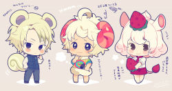 Rule 34 | 1girl, 2boys, :3, ahoge, animal crossing, animal ears, blonde hair, blouse, blue eyes, blue pants, blue vest, blush stickers, brown background, brown eyes, chibi, closed mouth, commentary request, dated, dom (animal crossing), finger to cheek, finger to own chin, food, food-themed hair ornament, fruit, full body, hair ornament, hammer, hand in pocket, highres, holding, holding food, holding fruit, holding hammer, horns, humanization, long sleeves, marshal (animal crossing), merengue (animal crossing), multicolored shirt, multiple boys, nintendo, pants, personification, red skirt, rhinoceros ears, rhinoceros girl, rhinoceros tail, sheep boy, sheep horns, shirt, short hair, short sleeves, signature, skirt, smile, squirrel boy, squirrel ears, squirrel tail, standing, strawberry, strawberry hair ornament, tail, vest, white hair, white shirt, yumenouchi chiharu