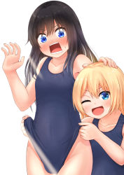 Rule 34 | 2girls, asashio (kancolle), bad anatomy, bad neck, black hair, black one-piece swimsuit, blonde hair, blue eyes, blush, clothes lift, collarbone, comiching, frontal wedgie, groin, hair between eyes, highres, jervis (kancolle), kantai collection, long hair, multiple girls, one-piece swimsuit, open mouth, school swimsuit, simple background, smile, swimsuit, swimsuit lift, tears, wedgie, white background