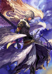 Rule 34 | 1boy, absurdres, arcseraph lucifer, armor, black gloves, blue eyes, derivative work, gloves, highres, male focus, profile, rusk, shadowverse, sheath, sheathed, silver hair, solo, standing, sword, weapon, wings