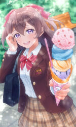Rule 34 | 1girl, aged up, alternate costume, artist logo, bench, blazer, blush, bow, bowtie, brown hair, brown jacket, brown skirt, commentary, dappled sunlight, day, delicious party precure, dress shirt, emblem, food, giving, hair ribbon, highres, holding, holding food, ice cream, ice cream cone, jacket, looking at viewer, medium hair, miniskirt, nagomi yui, open mouth, outdoors, park bench, pink eyes, pleated skirt, precure, red bow, red bowtie, red ribbon, ribbon, school uniform, shirt, skirt, smile, solo, standing, sunlight, tsuyatamaa, two side up, white shirt, wing collar