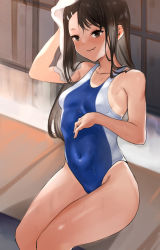 Rule 34 | 1girl, bad id, bad pixiv id, black hair, blue one-piece swimsuit, breasts, brown eyes, competition swimsuit, covered navel, cowboy shot, dark-skinned female, dark skin, fang, hair ornament, hairclip, ijiranaide nagatoro-san, long hair, nagatoro hayase, one-piece swimsuit, one-piece tan, raeran, school uniform, sitting, skin fang, small breasts, smile, solo, swimsuit, tan, tanline, towel, white towel
