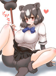 Rule 34 | 10s, 1girl, animal ears, arm support, bare legs, bear ears, bear girl, paw stick, bike shorts, black footwear, black gloves, black hair, black skirt, blue bow, blush, bow, bowtie, breasts, brown bear (kemono friends), brown eyes, cameltoe, closed mouth, extra ears, fingerless gloves, fur-trimmed footwear, fur trim, gloves, hair between eyes, hand up, hasemi ryou, heart, holding, holding weapon, impossible clothes, impossible shirt, kemono friends, knee up, large breasts, looking at viewer, medium hair, miniskirt, multicolored hair, shirt, shoes, short sleeves, shorts, shorts under skirt, sitting, skirt, smile, solo, spread legs, two-tone hair, weapon, white hair, white shirt