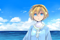 Rule 34 | 1girl, aegis (persona), android, blonde hair, blue eyes, blue sky, breasts, closed mouth, cloud, dated, dress, highres, looking at viewer, ocean, oosuzu aoi, persona, persona 3, short hair, signature, sky, solo
