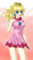 Rule 34 | 1girl, ball, bare arms, bare legs, bare shoulders, blonde hair, blue eyes, border, brooch, crown, day, dress, earrings, floating hair, full body, grass, hand up, high ponytail, highres, holding, jewelry, lips, long hair, looking up, mario (series), mario tennis, nintendo, non-web source, outdoors, parted lips, pink dress, ponytail, princess peach, racket, shoes, short dress, sleeveless, sleeveless dress, solo, standing, tennis dress, yuino (fancy party)
