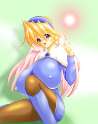 Rule 34 | 1girl, blonde hair, blush, breasts, breath of fire, breath of fire iv, cleavage, fct, gradient background, headband, huge breasts, impossible clothes, impossible shirt, purple eyes, sara da pranzo, sdp, shirt, smile, solo, wings