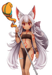 Rule 34 | 1girl, 3.14, animal ears, bandeau, bare shoulders, breasts, collarbone, copyright request, dark-skinned female, dark skin, grey hair, holding, holding staff, legs together, loincloth, long hair, midriff, nail polish, navel, pelvic curtain, pink nails, red eyes, sidelocks, simple background, small breasts, solo, staff, tail, thick eyebrows, thighs, very long hair, white background