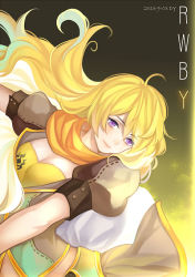 Rule 34 | 1girl, ahoge, artist name, blonde hair, breasts, cleavage, copyright name, dated, dy (372127010), long hair, medium breasts, purple eyes, rwby, scarf, smile, solo, yang xiao long