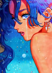 Rule 34 | 1girl, bare shoulders, blue eyes, blue hair, blue theme, brown background, commentary, crescent, crying, earrings, english commentary, eyelashes, eyeshadow, from side, hair behind ear, hair between eyes, highres, jewelry, lipstick, looking at viewer, makeup, okada (hoooojicha), original, parted lips, portrait, red lips, solo, sparkle, star (symbol), tears, triangle earrings, wavy hair