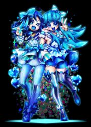 Rule 34 | 10s, 2girls, :d, blue bow, blue eyes, blue footwear, blue hair, blue mouth, blue pantyhose, blue skirt, blue theme, blue thighhighs, bow, choker, color connection, full body, hair bow, hand on own hip, happinesscharge precure!, heart, heartcatch precure!, kurumi erika, long hair, multiple girls, open mouth, pantyhose, precure, senmu (0107), shirayuki hime, shoes, skirt, smile, standing, striped bow, striped clothes, striped legwear, striped pantyhose, thighhighs, v, vertical-striped clothes, vertical-striped legwear, vertical-striped pantyhose, white skirt, wrist cuffs