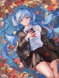 Rule 34 | 1girl, artist name, autumn, autumn leaves, black jacket, black skirt, blue bow, blue bowtie, blue eyes, blue hair, blush, bow, bowtie, breasts, closed mouth, collared shirt, day, feet out of frame, from above, hatsune miku, highres, jacket, leaf, long hair, long sleeves, looking at viewer, lying, maple leaf, off shoulder, on back, outdoors, partially submerged, pleated skirt, qie, shirt, skirt, small breasts, solo, twintails, upturned eyes, very long hair, vocaloid, water, white shirt