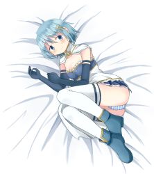 Rule 34 | 10s, 1girl, bed, blue eyes, blue hair, cape, collarbone, elbow gloves, fortissimo, gloves, hair ornament, hairclip, lying, magical girl, mahou shoujo madoka magica, mahou shoujo madoka magica (anime), mahou shoujo madoka magica movie 1 &amp; 2, matching hair/eyes, miki sayaka, musical note, musical note hair ornament, panties, pantyshot, sayuka, short hair, smile, solo, striped clothes, striped panties, thighhighs, underwear