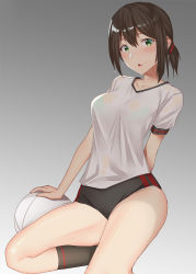 Rule 34 | 1girl, alternate breast size, bad id, bad pixiv id, ball, black hair, black socks, blush, breasts, fubuki (kancolle), gradient background, green eyes, gym shirt, gym shorts, gym uniform, hair between eyes, highres, kantai collection, large breasts, looking at viewer, low ponytail, open mouth, pallad, ponytail, shirt, short ponytail, short sleeves, shorts, sidelocks, socks, solo, thighs, white shirt