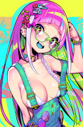 Rule 34 | 1girl, arm behind back, bead bracelet, beads, bikini, bikini top only, blue hair, blunt bangs, bow, bracelet, breasts, cleavage, collar, commentary request, denim, ear piercing, fangs, glasses, green-framed eyewear, green hair, hair bow, hair ornament, hairclip, heart, heterochromia, hime cut, jewelry, large breasts, long hair, looking at viewer, multicolored hair, onono imoko, open mouth, original, overalls, piercing, pink collar, pink eyes, pink hair, purple eyes, simple background, solo, streaked hair, swimsuit, upper body, white bikini, white hair